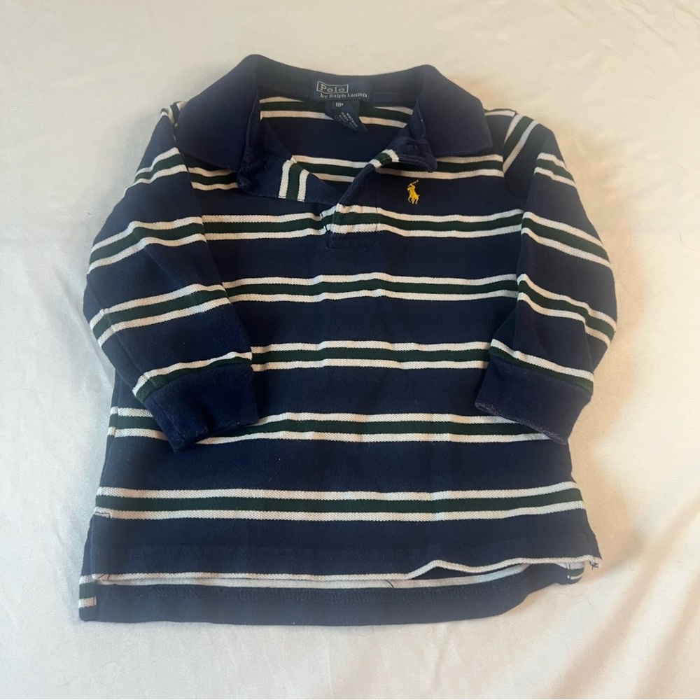 Polo Ralph Lauren Long Sleeve Classic Rugby Polo Shirt Navy Green Stripe 18M